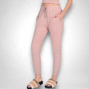 Vintage Havana Ribbed Lace Up Jogger Lounge Pajama Pants Pale / Rose Pink M & S